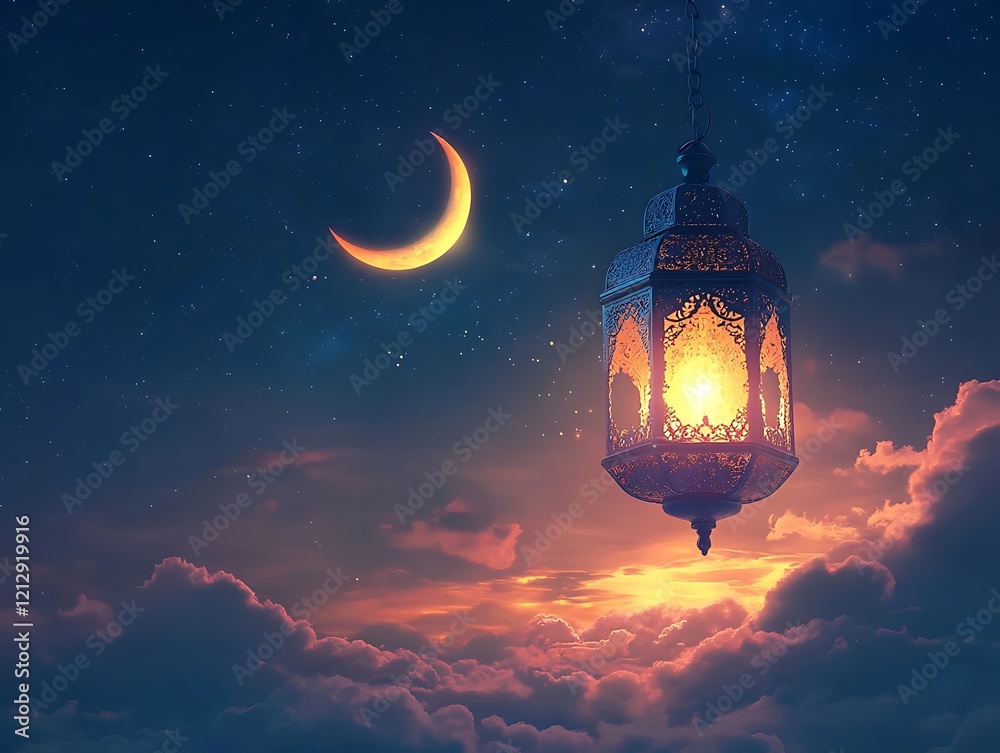Obraz premium Golden Crescent Moon with an Intricate Hanging Lantern Illuminating the Night Sky, Symbolizing Islamic Culture, Ramadan, and Spiritual Serenity