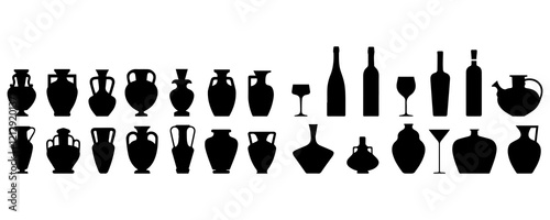 Collection of Black Silhouette Pottery, Wine Bottles, and Glasses.