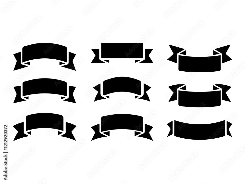Ribbon set. Tape blank black glyph collection, and decorative silhouette icons. Ribbon set. Tape blank black glyph collection, and decorative silhouette icons.