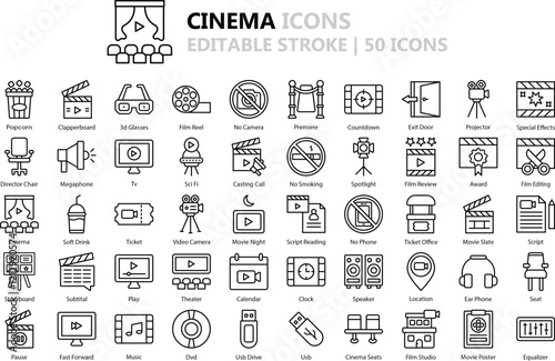 Cinema Icon Set: 50 Cinematic Outline Vector Icons in Black (EPS Included)