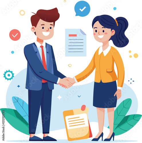 People shaking hands at work - Two businesspeople, man and woman doing handshake in office at work while smiling over business agreement and deal. Flat design stock illustration on white background