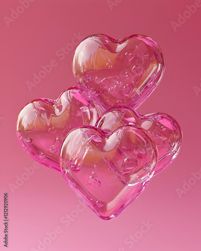 Transparent floating heart cluster, on vibrant pink gradient background