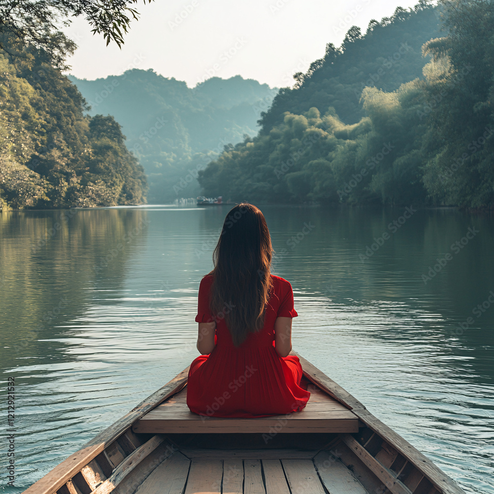 Woman in a Boat on Turquoise Waters Surrounded by Tropical Landscapes and Mountains, Capturing Travel and Relaxation Themes Woman in a Boat on Turquoise Waters Surrounded by Tropical Landscapes and Mountains, Capturing Travel and Relaxation Themes