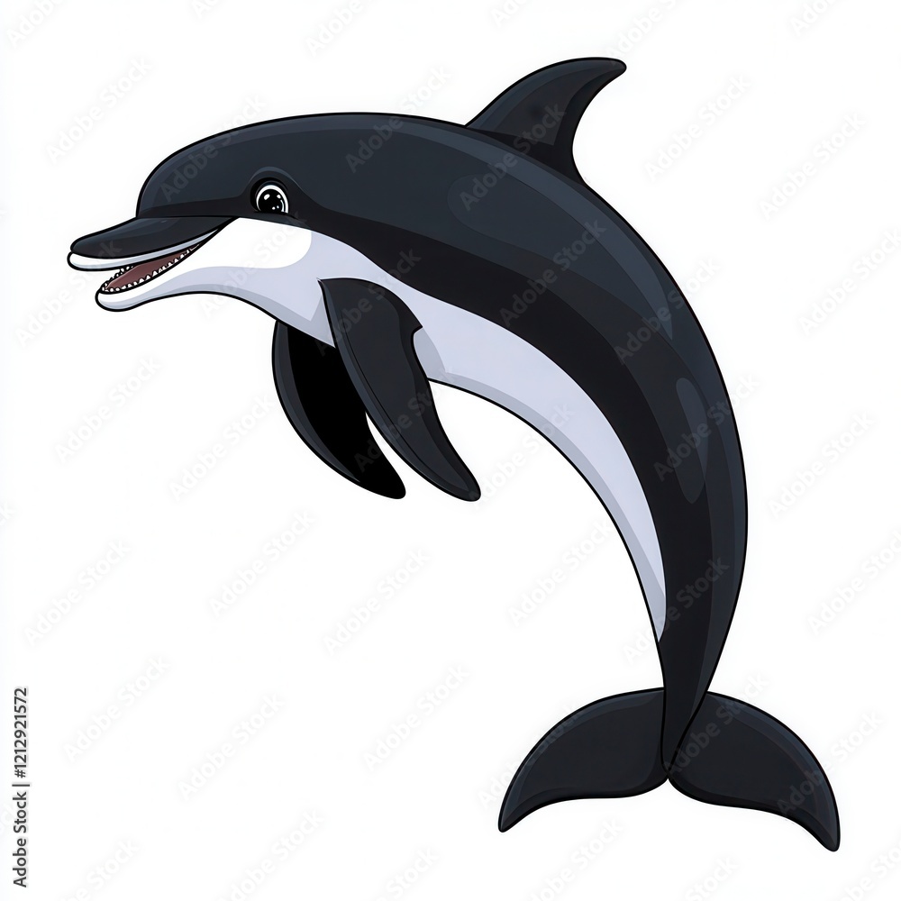 Obraz premium A cheerful cartoon dolphin jumping joyfully out of the water with a bright smile, showcasing its playful personality in a colorful design.