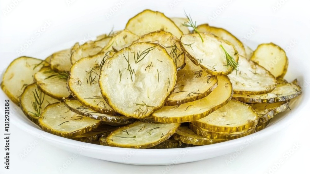 A plate of tangy dill pickle chips, thinly sliced and seasoned with dill and vinegar, Each chip crispy and bursting with tangy flavors A plate of tangy dill pickle chips, thinly sliced and seasoned with dill and vinegar, Each chip crispy and bursting with tangy flavors