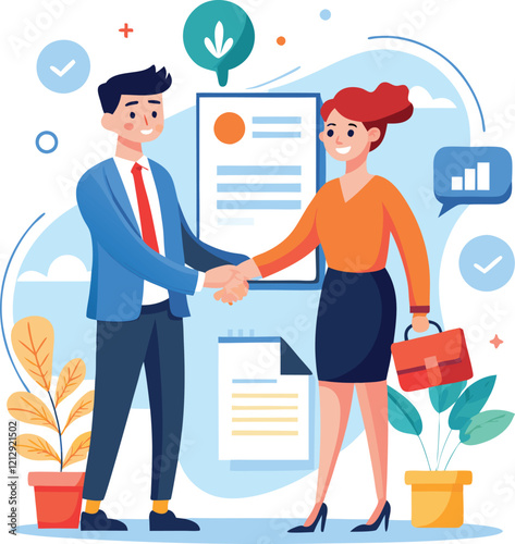 People shaking hands at work - Two businesspeople, man and woman doing handshake in office at work while smiling over business agreement and deal. Flat design stock illustration on white background