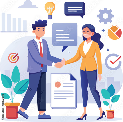 People shaking hands at work - Two businesspeople, man and woman doing handshake in office at work while smiling over business agreement and deal. Flat design stock illustration on white background
