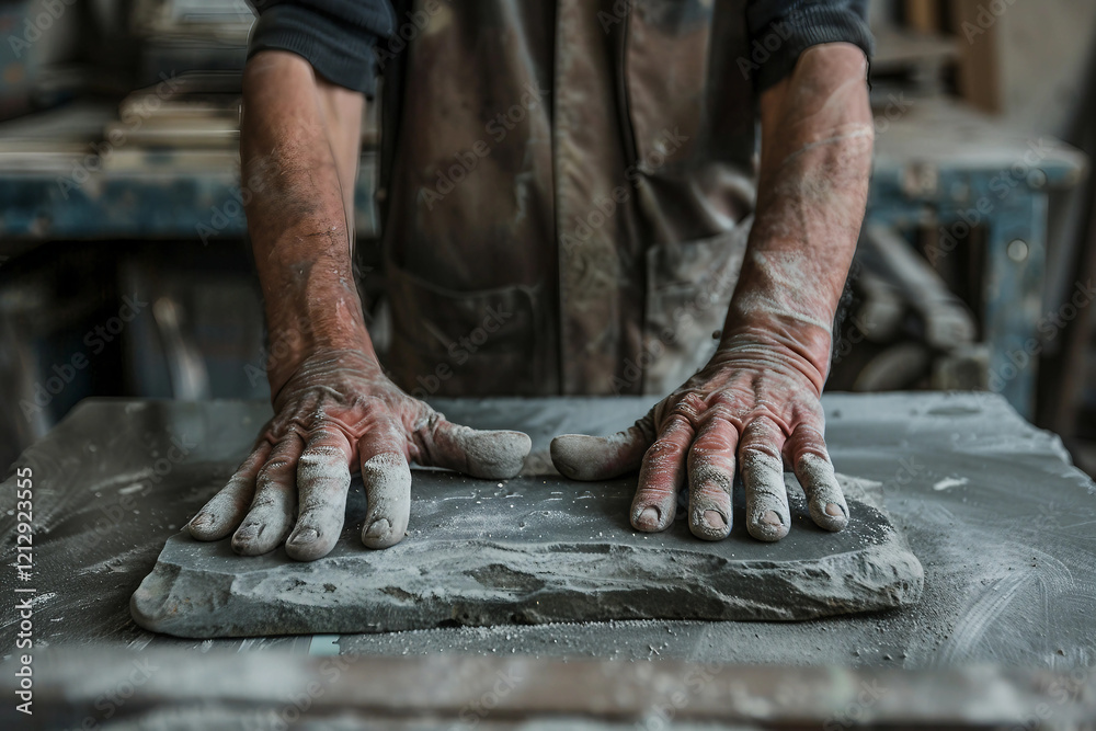 Generative AI Image of a Stonemason Working with Stone, Shaping and Carving Stone Surface Generative AI Image of a Stonemason Working with Stone, Shaping and Carving Stone Surface
