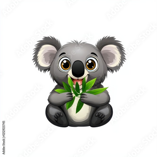 Cute and playful cartoon koala holding eucalyptus leaves with a happy expression, perfect for children's graphics and nature themes photo