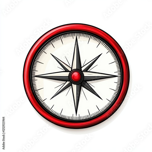 A detailed illustration of a classic compass with a striking red border and intricate markings, ideal for adventure and navigation themes