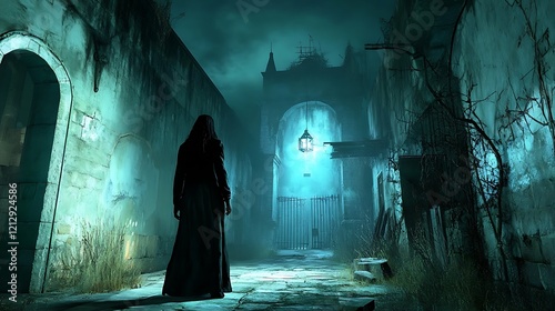 A spooky horror video game scene, with the player navigating a dark, abandoned asylum
