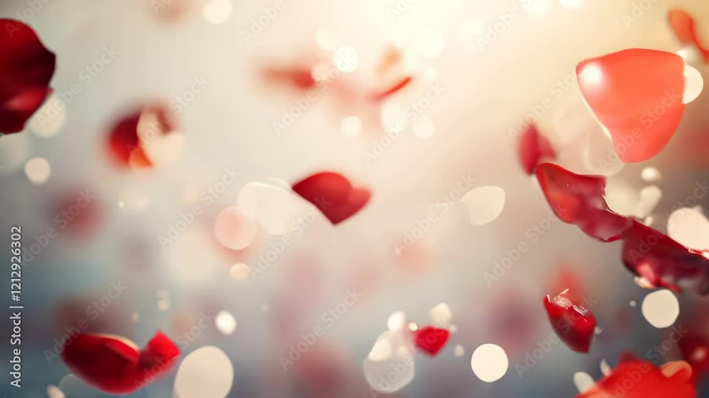 Vibrant red rose petals gently floating in soft sunlight creating a dreamy atmosphere. Valentine's Day Vibrant red rose petals gently floating in soft sunlight creating a dreamy atmosphere. Valentine's Day