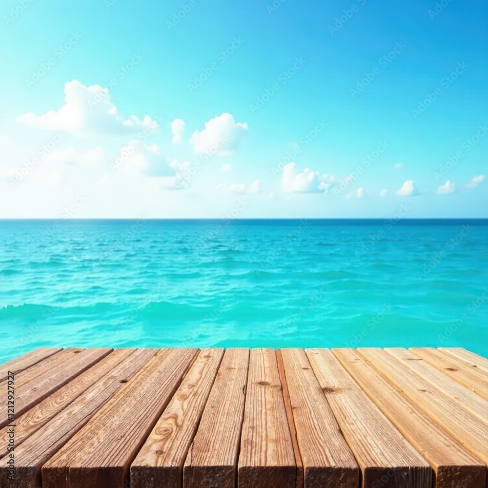 Elevated wooden platform overlooking serene blue ocean and sky , background, horizon Elevated wooden platform overlooking serene blue ocean and sky , background, horizon