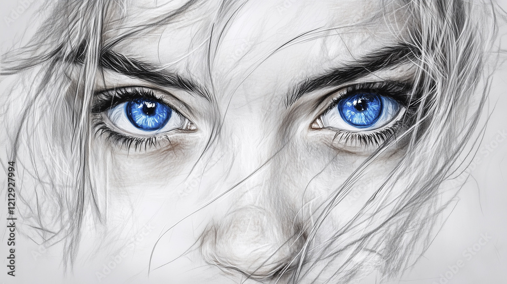 Fototapeta premium Close up of woman's eyes. Face, drawing, white, background pencil, eyes, hair, nose. Woman with pencil in her nose and eyes with black pencil. Drawing of a face with white hair and lifestyle pencil.