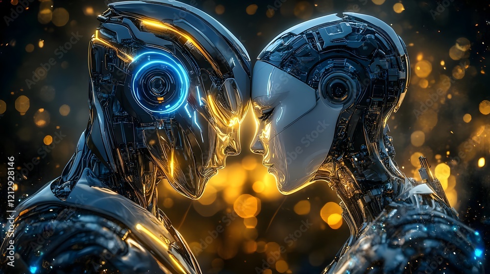 A close-up of two futuristic robots with glowing features facing each other. A close-up of two futuristic robots with glowing features facing each other.