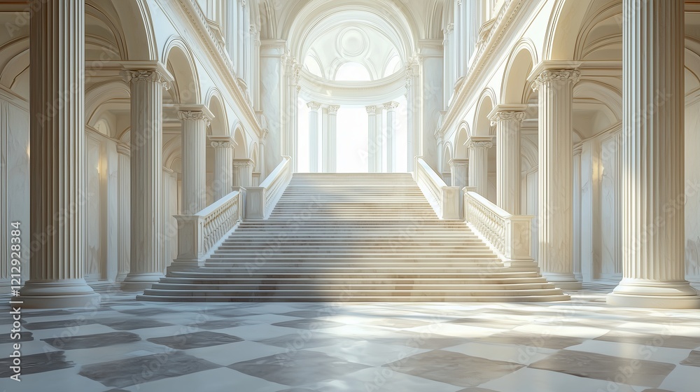 Obraz premium Grand Palace Interior with Majestic Staircase, Classical Architecture with Sunlight, Luxury Palace Hallway