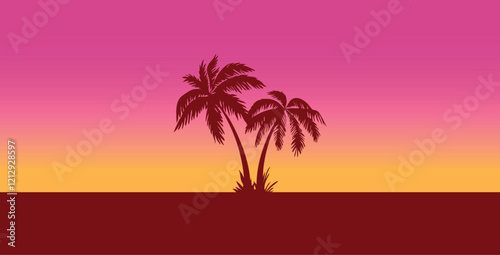 Sunset with beach and palms. Vacation time. Beach and Summer background. Trendy colorful Sunset with palm treess silhouette. Vector illustration. Ideal for print, poster, wallpaper, fabric, fashion.