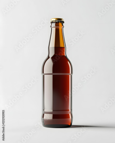 Craft beer bottle showcasing rich amber color with a golden cap against a minimalist background photo