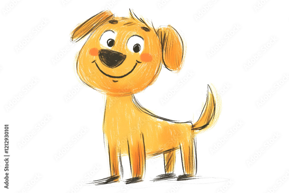 Obraz premium A simple childs drawing of a dog with a tail, and a smiling face, isolated on white background