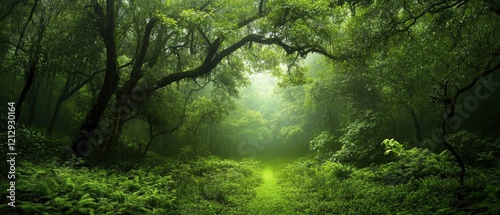 Lush green forest scene with dense foliage, soft light filtering through trees, serene atmosphere