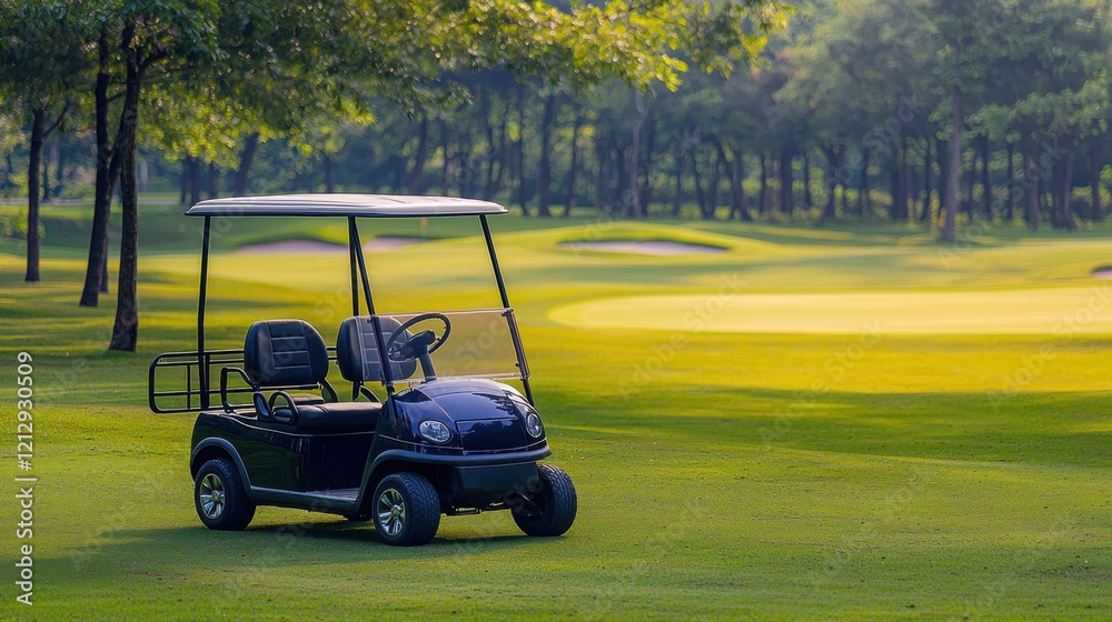 Panorama view of Golf Course where the turf is beautiful and green, Golf cart,Golf cart in fairway of golf course,Golf course with a rich green turf beautiful scenery,sport club,copy space. Panorama view of Golf Course where the turf is beautiful and green, Golf cart,Golf cart in fairway of golf course,Golf course with a rich green turf beautiful scenery,sport club,copy space.