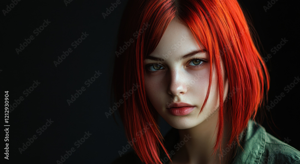 A young individual showcases bold red hair and captivating facial features. The portrait reflects a serene but intense mood, highlighting the contrast with a dark backdrop. A young individual showcases bold red hair and captivating facial features. The portrait reflects a serene but intense mood, highlighting the contrast with a dark backdrop.