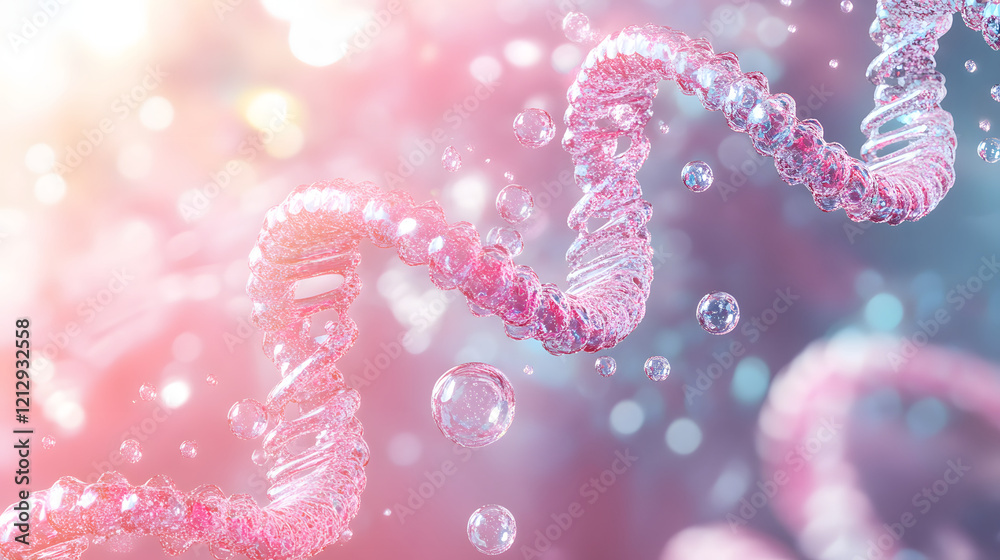 Fototapeta premium Cosmetic Essence, Liquid bubble, Molecule inside Liquid Bubble on DNA water splash background, 3d rendering
