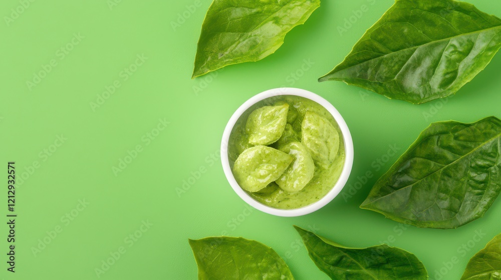 Obraz premium Sustainable indulgence green leaves background food diffused light wide-angle shot copy space