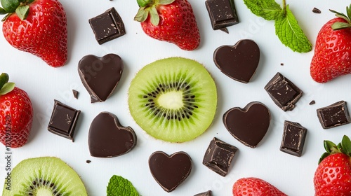 A minimalist sweetbox featuring kiwi slices, strawberry and dark chocolate chunks, surrounded by fresh mint leaves, on a white matte surface photo