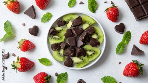 A minimalist sweetbox featuring kiwi slices, strawberry and dark chocolate chunks, surrounded by fresh mint leaves, on a white matte surface photo