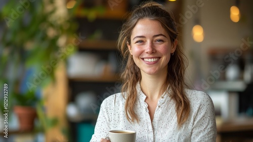 Young Woman Smiling Holds Coffee Cup in Cafe photo