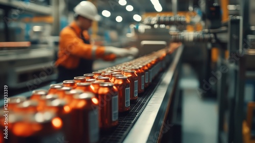 Production Line of Cans in a Factory Setting with an Employee in the Background