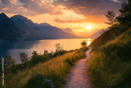 Serene Sunset Over Distant Lake and Mountain Path photo
