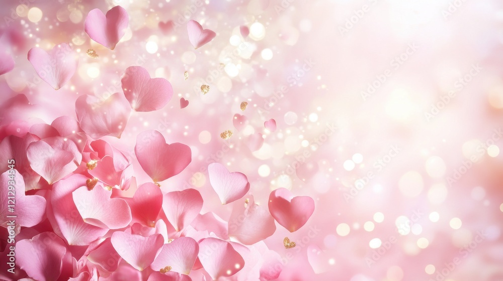 Romantic Scene with Cascading Rose Petals and Glossy Hearts, Soft Pink Background, Luxurious Environment Romantic Scene with Cascading Rose Petals and Glossy Hearts, Soft Pink Background, Luxurious Environment