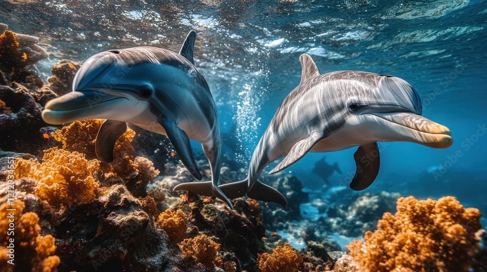 Dolphins swimming coral reef ocean wildlife nature underwater Dolphins swimming coral reef ocean wildlife nature underwater