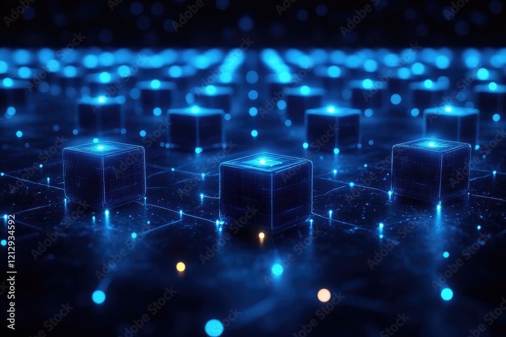 Obraz premium Exploring the Digital Landscape: A Journey Through Networked Cubes, Illuminating Connections and Data Flow in a Futuristic Digital World
