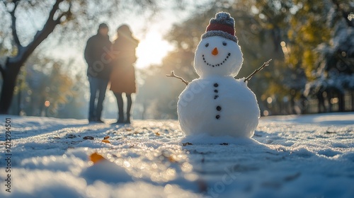 Winter Snowman Scene Couple Background Sunlight