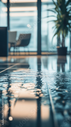 Close-up. Wet tiled floor reflecting light.