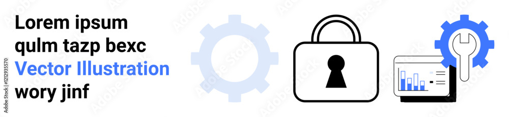 Lock with keyhole, gear, and graph on monitor highlighting data security, maintenance, and technology management. Ideal for cybersecurity, data protection, technology, IT digital security business Lock with keyhole, gear, and graph on monitor highlighting data security, maintenance, and technology management. Ideal for cybersecurity, data protection, technology, IT digital security business