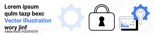 Lock with keyhole, gear, and graph on monitor highlighting data security, maintenance, and technology management. Ideal for cybersecurity, data protection, technology, IT digital security business
