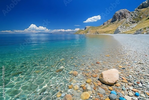 Clear turquoise water laps a pebble beach; mountains and a blue sky form a scenic backdrop. photo