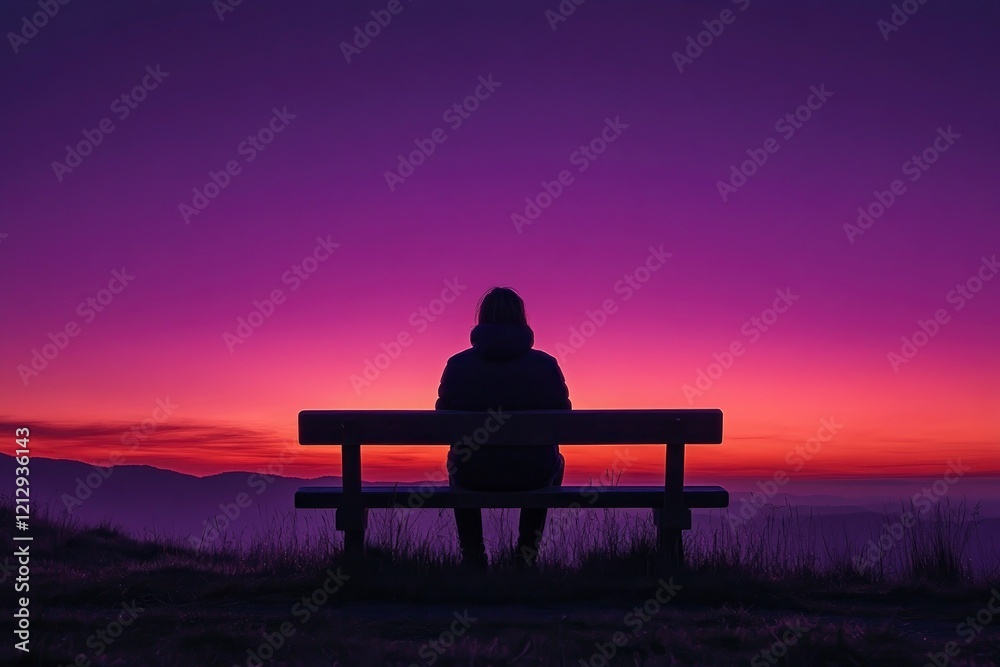 Obraz premium Solitary figure sitting on a bench at sunset, overlooking a serene landscape with vibrant colors