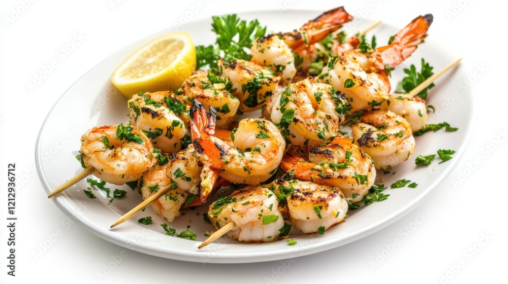 A plate of tangy lemon herb shrimp skewers with garlic, parsley, and lemon zest A plate of tangy lemon herb shrimp skewers with garlic, parsley, and lemon zest