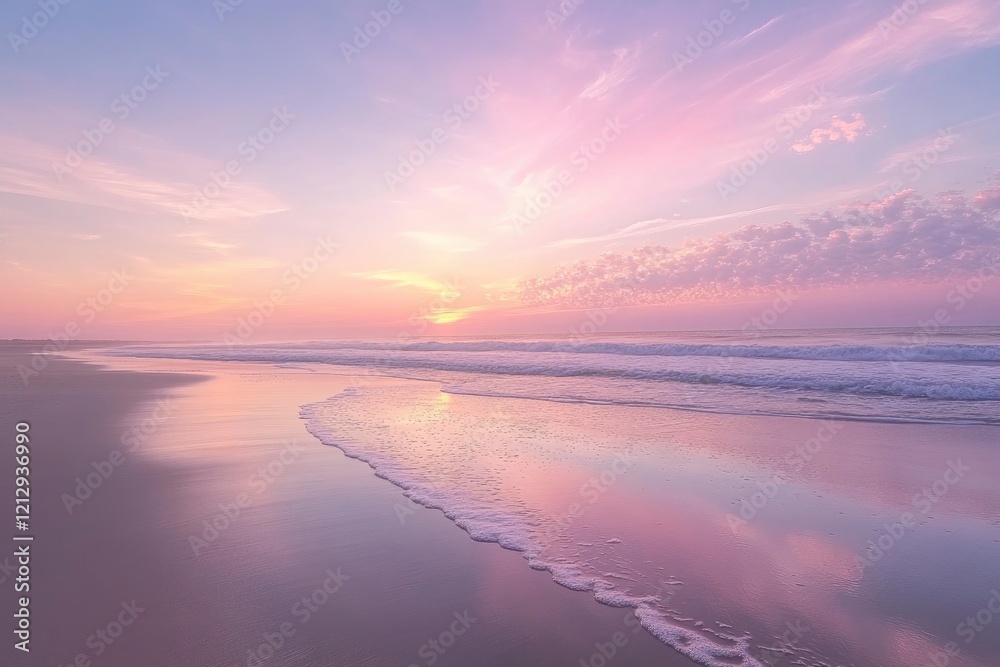 Fototapeta premium Serene sunset over calm ocean waves, reflecting pastel colors on sandy beach, peaceful atmosphere