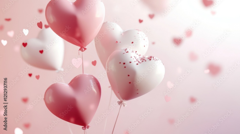 Valentine's Day Celebration, Intimate Setting, Graphic Design, Soft Pink and White, Airy Balloons, Confetti Hearts