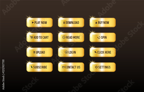 Gold buttons for user interface. Vector set isolated on dark background.