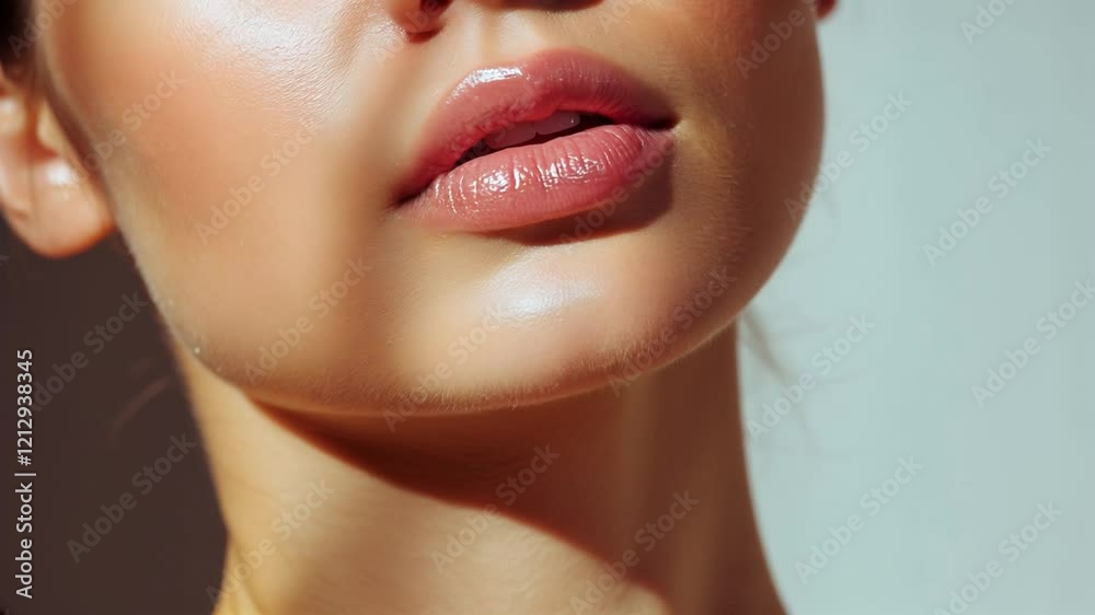 Artistic close-up of a woman's lips and jaw with radiant skin. Skin care and cosmetics. Artistic close-up of a woman's lips and jaw with radiant skin. Skin care and cosmetics.