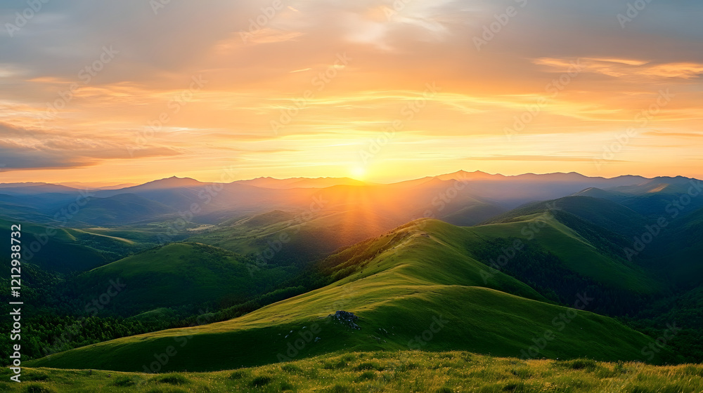 Breathtaking sunrise over green mountains, showcasing vibrant colors and serene nature, perfect for landscapes and travel themes. Breathtaking sunrise over green mountains, showcasing vibrant colors and serene nature, perfect for landscapes and travel themes.