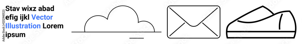 Cloud outline, envelope outline, shoe outline with lorem ipsum text. Ideal for modern website elements, minimalist design, tech themes, email apps, weather apps, shoe stores, and digital marketing Cloud outline, envelope outline, shoe outline with lorem ipsum text. Ideal for modern website elements, minimalist design, tech themes, email apps, weather apps, shoe stores, and digital marketing