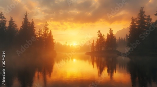 Golden sunrise over a serene lake nestled in a misty pine forest  reflecting the warm light.